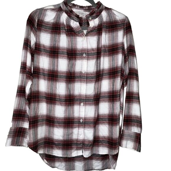 Ann Taylor Loft Blouse Wmns Sz XS Red Plaid Button Down Faux Ruffle Collar - Picture 1 of 8